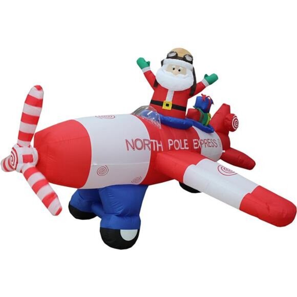 8 Foot Wide Christmas Inflatable Santa Claus Flying Airplane Blow Up Yard Decor - Picture 1 of 7